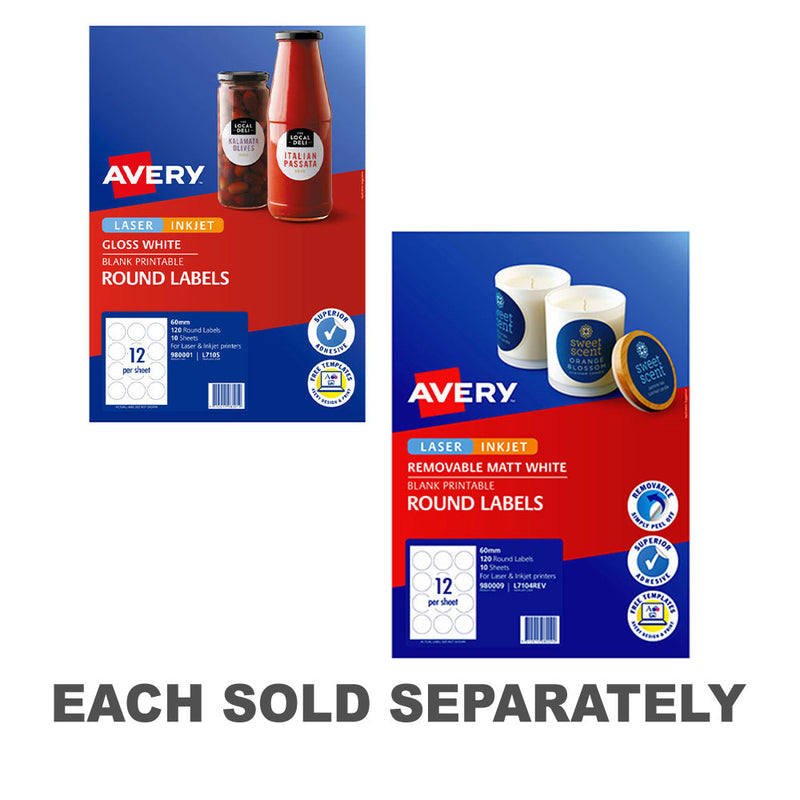 Avery Round Labels 60mm 12Up 10pk