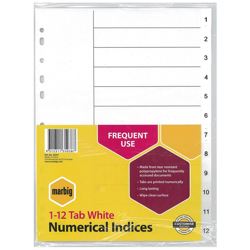 Marbig Numerische Indizes &amp; Trennblätter A4 (Weiß)