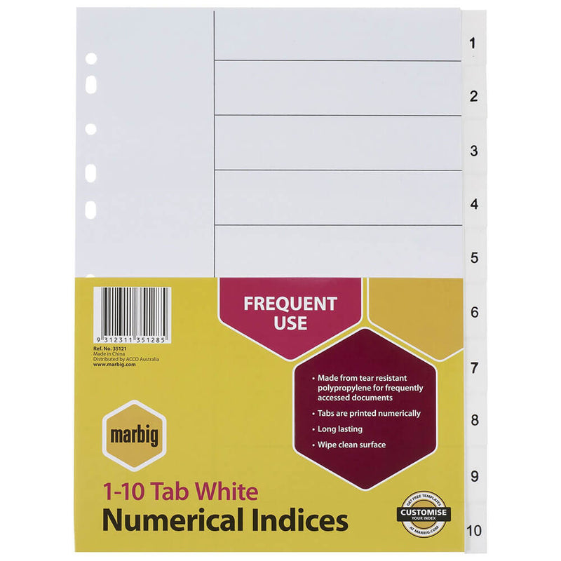 Marbig Numerische Indizes &amp; Trennblätter A4 (Weiß)