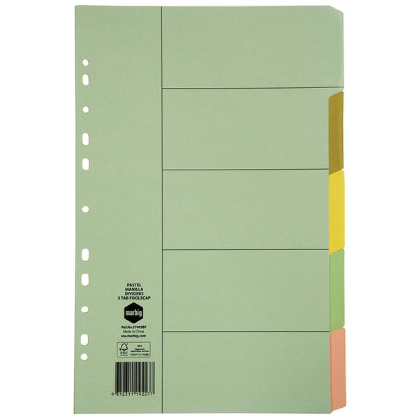 Marbig 5 Tab Manilla Dividers Foolscap (Pastel)